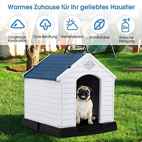 COSTWAY Hundehütte Kunststoff Hundehaus Plastik für Garten, Drinnen und Draußen, Hundehöhle mit Erhöhtem Boden, Hundekisten blau und weiß (70x65x71,5cm) - 4