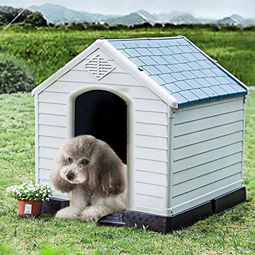 COSTWAY Hundehütte Kunststoff Hundehaus Plastik für Garten, Drinnen und Draußen, Hundehöhle mit Erhöhtem Boden, Hundekisten blau und weiß (70x65x71,5cm) - 9